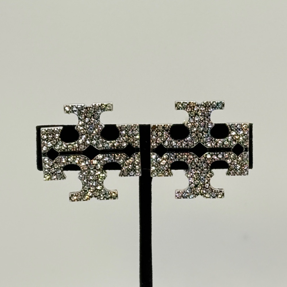 Tory Burch Silver T Logo Large  Crystal Clip-On Earrings - Picture 4 of 5